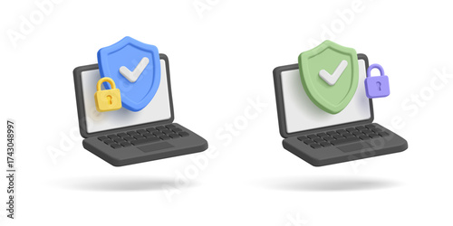 Set of colored laptops with shield and check marks, locks, 3D. For concepts of security, protection, technology. Vector illustration.