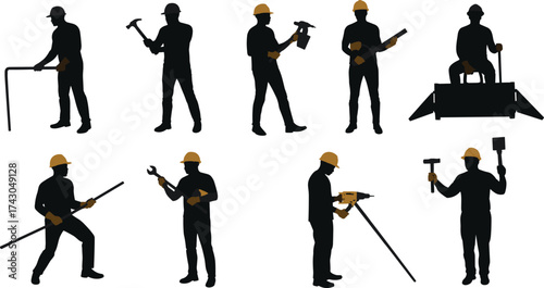 Construction workers, builders, heavy tools, industrial work, hard hats, hammer drilling, welding equipment, site safety, laborers, construction crew, building maintenance, industrial engineering,
