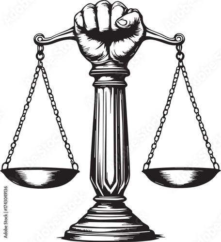 Justice scale vector illustration in black and white with clenched fist, suspended pans and pedestal for law, fairness, activism and ethical themes