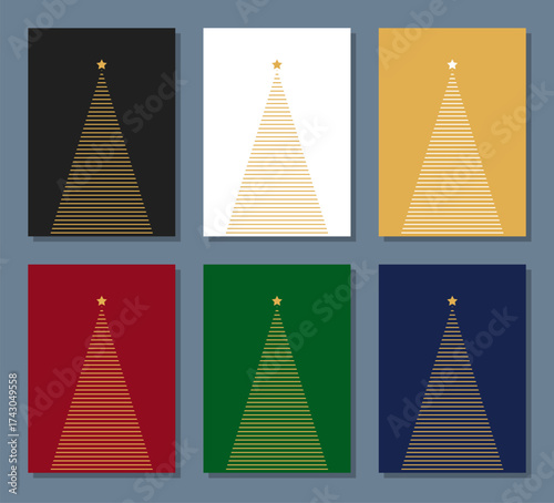 christmas tree greetings card collection, horizontal thin line triangle shape vector illustration, new year poster template set