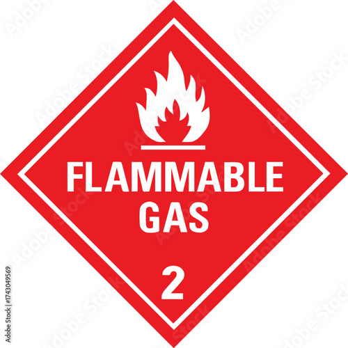 Flammable gas hazard label vector illustration in red with white flame icon, bold text and Class 2 identifier for safety, transport and compliance themes