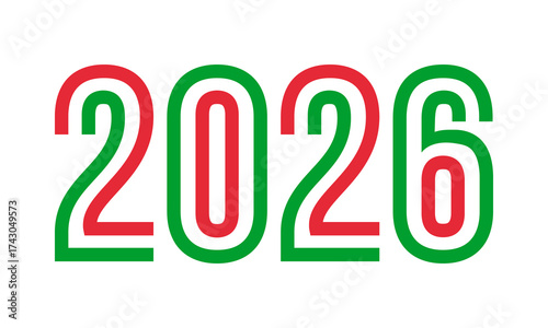 2026 new year poster, green red outline numbers on white background