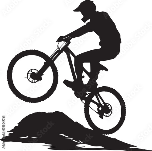 Mountain bike jump silhouette vector illustration in black and white with helmeted rider mid-air over ramp for extreme sports and outdoor adventure themes