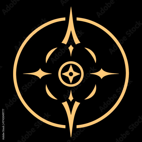 Elegant gold geometric emblem with compass rose design on a black background, symbolizing direction and discovery.