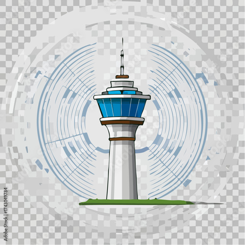 Modern air traffic control tower vector illustration, symbolizing aviation logistics and global communication infrastructure for safe air travel and airport operations