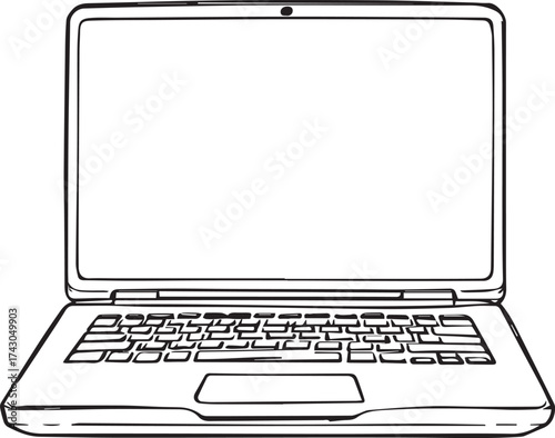 Laptop computer vector illustration in black and white with open screen, visible keyboard, centered touchpad and clean outline for tech or work themes
