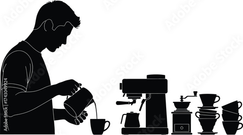 Barista pouring coffee making latte art espresso machine cups