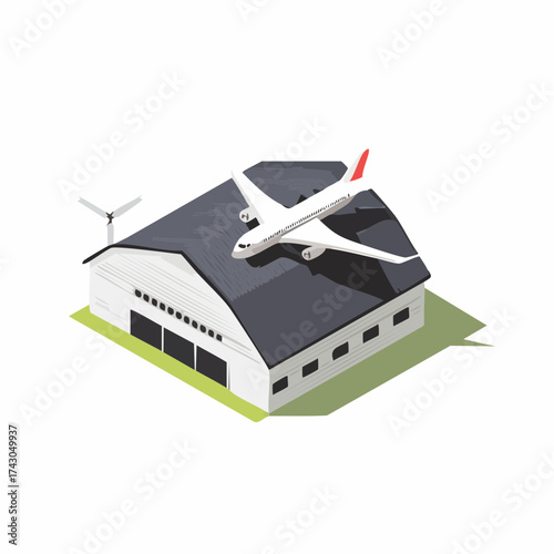 Flat isometric vector illustration of an airplane on a modern hangar with a wind turbine, symbolizing sustainable aviation and optimized air transport