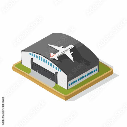 Isometric vector illustration of a modern hangar building with a sleek airplane silhouette on its roof, representing the aviation industry
