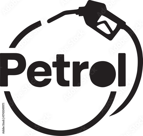 Petrol vector illustration in black and white with bold text, fuel pump nozzle and circular hose design for gas station branding or energy themes