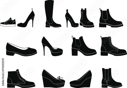 Footwear silhouette collection, fashion shoes vector set, black shoe icons, stylish boots and heels, trendy footwear illustration for design, retail, brandingv