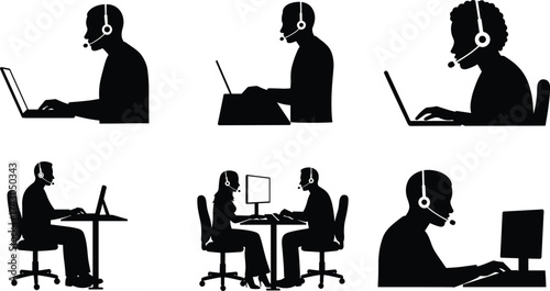Call center, customer support, help desk, online service, remote work, headset operator, office communication, tech support, teamwork, virtual assistant illustration