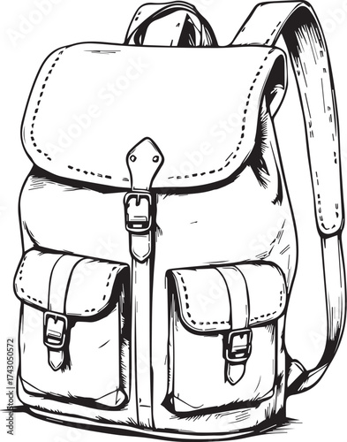 Backpack vector illustration in black and white with flap cover, buckle straps, front pockets and shoulder harness in detailed sketch style for design use