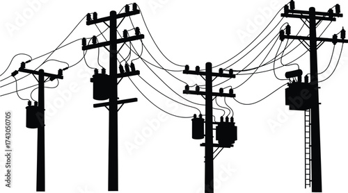 Silhouette of power lines and utility poles vector illustration
