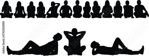 Group silhouette, seated people, relaxed posture, mindfulness concept, contrast in behavior, social dynamics, body language, casual pose, black and white, unity