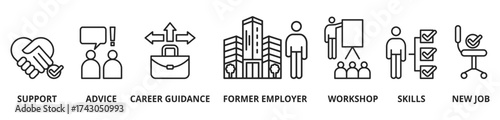 Banner outplacement vector illustration concept. advice, career guidance, training, ormer employee skills, workshop support and jew job icons