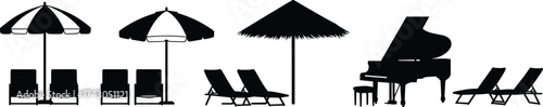 Silhouette of beach umbrellas, lounge chairs, and grand piano under palm hut, symbolizing tropical vacation, summer relaxation, and coastal music inspiration