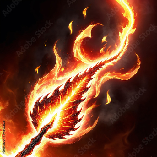 A vibrant phoenix feather engulfed in intense, glowing flames against a dark, smoky background, symbolizing rebirth and power.