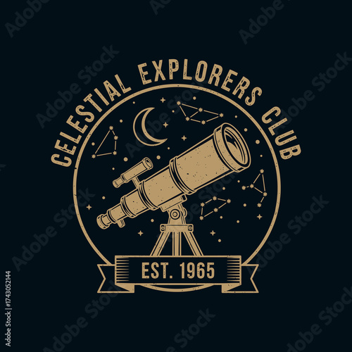 Vintage Celestial Explorers Club Emblem Featuring Telescope, Moon, and Constellations.