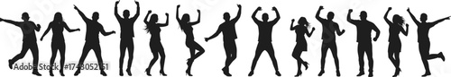 Jumping silhouettes, dancing figures, celebration poses, raised arms, black illustration, white oive art, unity, energy, festive scene, happy crowd, lifet, stock image, group activity, party vibe