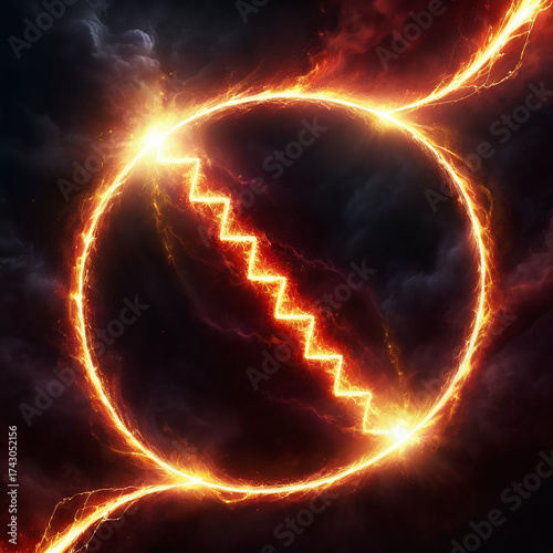 Fiery circle with zigzag lightning inside against a dramatic dark sky with glowing energy trails
