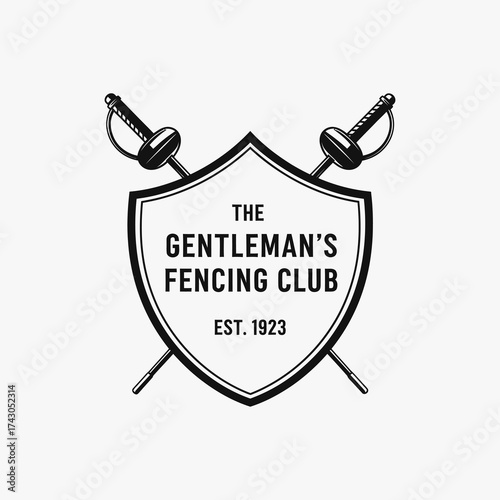 Vintage Fencing Club Emblem with Crossed Swords and Shield.