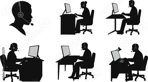 Call center agent silhouette, customer service representative, technical support operator, online help desk worker, business office communication, headset employee vector illustration