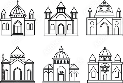 Collection of synagogue outline vector illustration line art