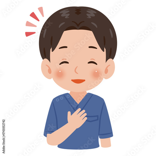 青色のスクラブを着た笑顔の男性　上半身イラスト／Smiling man wearing blue scrubs　upper body illustration