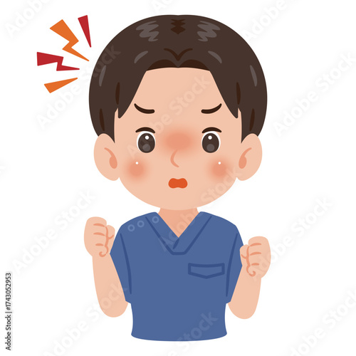青色のスクラブを着た怒る男性　上半身イラスト／Angry man wearing blue scrubs　upper body illustration