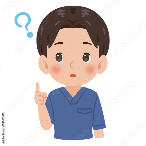 青色のスクラブを着た疑問を持つ男性　上半身イラスト／Confused man wearing blue scrubs　upper body illustration