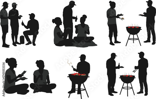Outdoor barbecue friends silhouette, summer picnic party scene, group cooking illustration, leisure food gathering, social lifestyle concept, evening grill event, silhouette flat vector