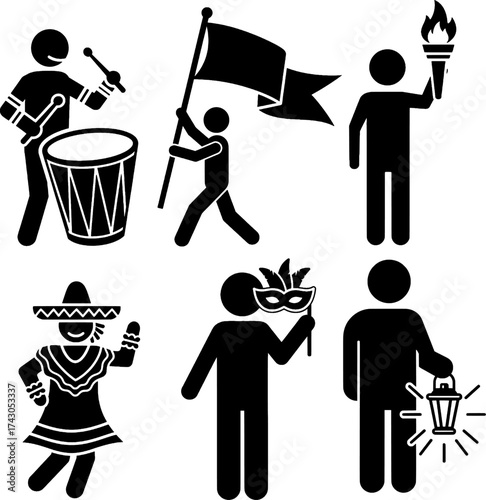Celebration, Festival, and Cultural Event Stick Figure Icon Set