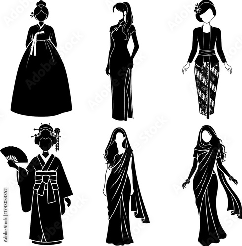 Asian Women in Traditional Cultural Dress Silhouette Icon Set