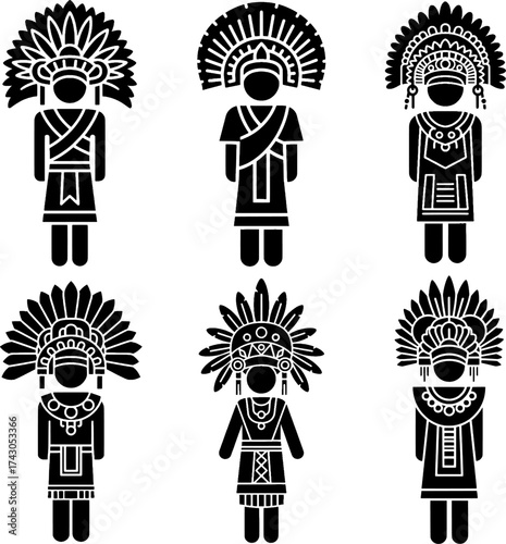 Indigenous Tribal People and Traditional Headdress Icon Set