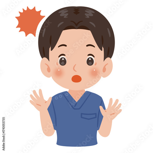 青色のスクラブを着た驚く男性　上半身イラスト／Surprised man wearing blue scrubs　upper body illustration