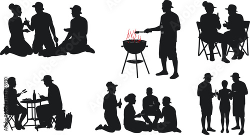 Friends barbecue party silhouette, outdoor picnic gathering, summer cooking scene, social leisure time, group interaction illustration, weekend relaxation concept, silhouette flat vector