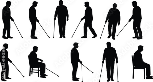 Silhouette of elderly man with walking stick, standing and sitting positions, senior mobility aid, health care, disability support concept