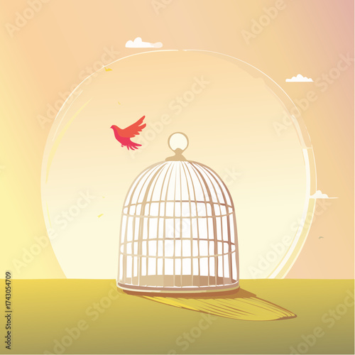 Conceptual vector art of a red bird's illusory escape from an open cage into a transparent bubble, symbolizing false freedom