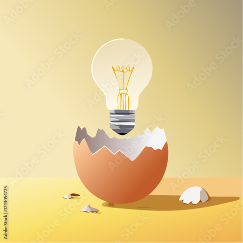 Emerging Idea Light Bulb Hatching from Egg, Symbolizing Innovation and New Beginnings