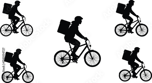 Delivery cyclist silhouette, courier on bicycle, food delivery service concept, urban transport worker illustration, express shipping, fast delivery scene, silhouette flat vector