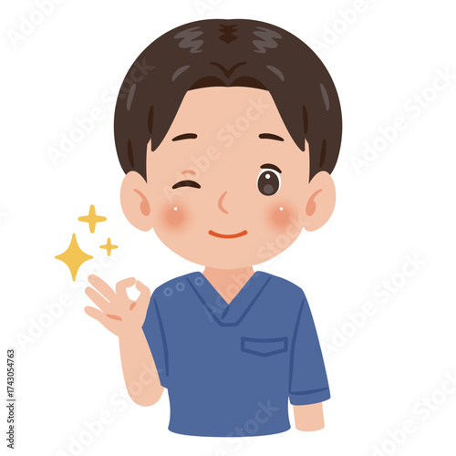 青色のスクラブを着たOKサインを出す男性　上半身イラスト／Man wearing blue scrubs making an OK sign　upper body illustration