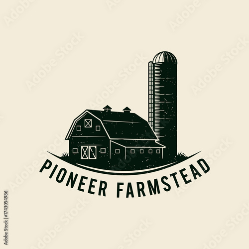 Vintage Pioneer Farmstead Logo Featuring Barn and Silo in Rustic Style.
