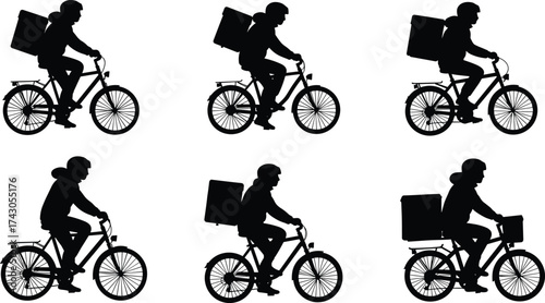 Food delivery cyclist silhouette, courier on bicycle, delivery service concept, transportation worker illustration, fast shipping, urban delivery scene, silhouette flat vector