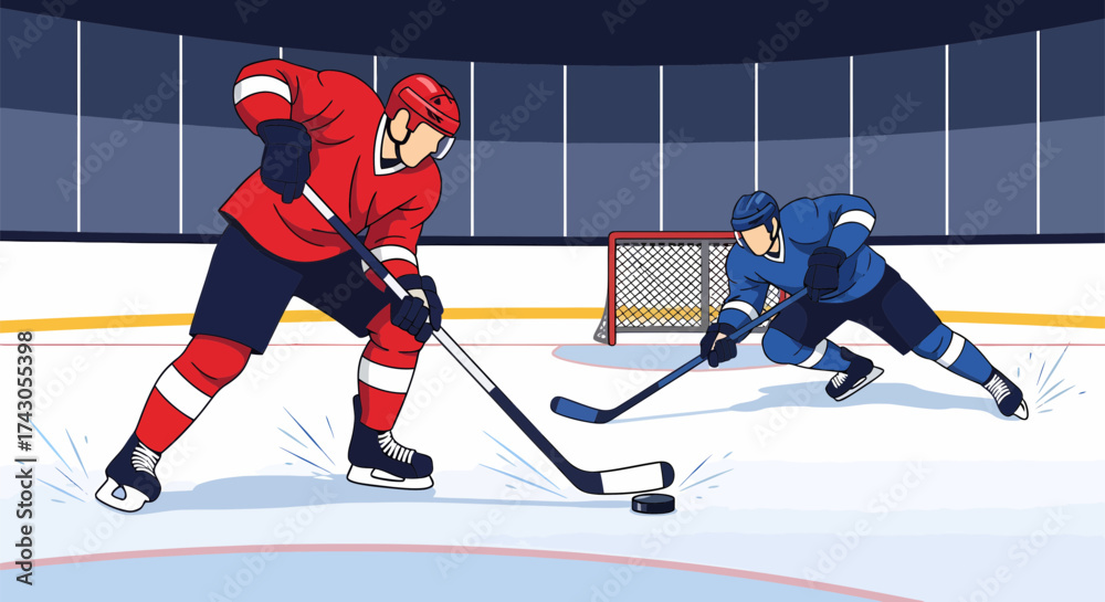 Obraz premium Intense Hockey FaceOff Red Versus Blue Players in Dynamic Action.
