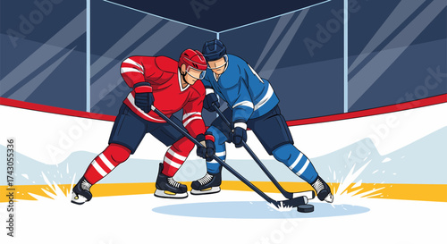 Two Hockey Players Face Off in Intense Competition on Ice Rink.