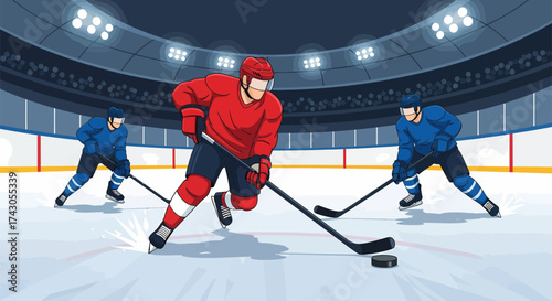 Dynamic Hockey Players Competing on Ice with Puck and Arena Lighting.