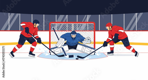 Hockey Players in Action Goalie Defends Against Two Offensive Players.