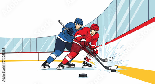 Intense Hockey Duel Red and Blue Players Clash on the Ice Rink.
