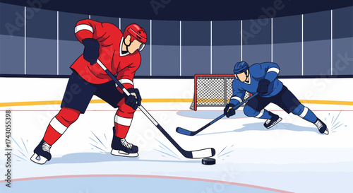 Intense Hockey FaceOff Red Versus Blue Players in Dynamic Action.
